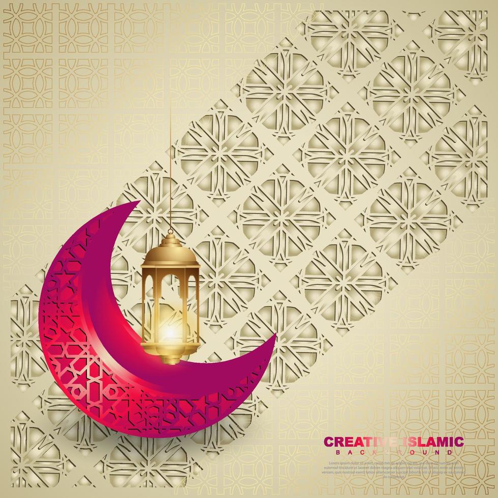 Islamic design greeting card background template with ornamental colorful of mosaic, crescent moon and islamic lantern vector