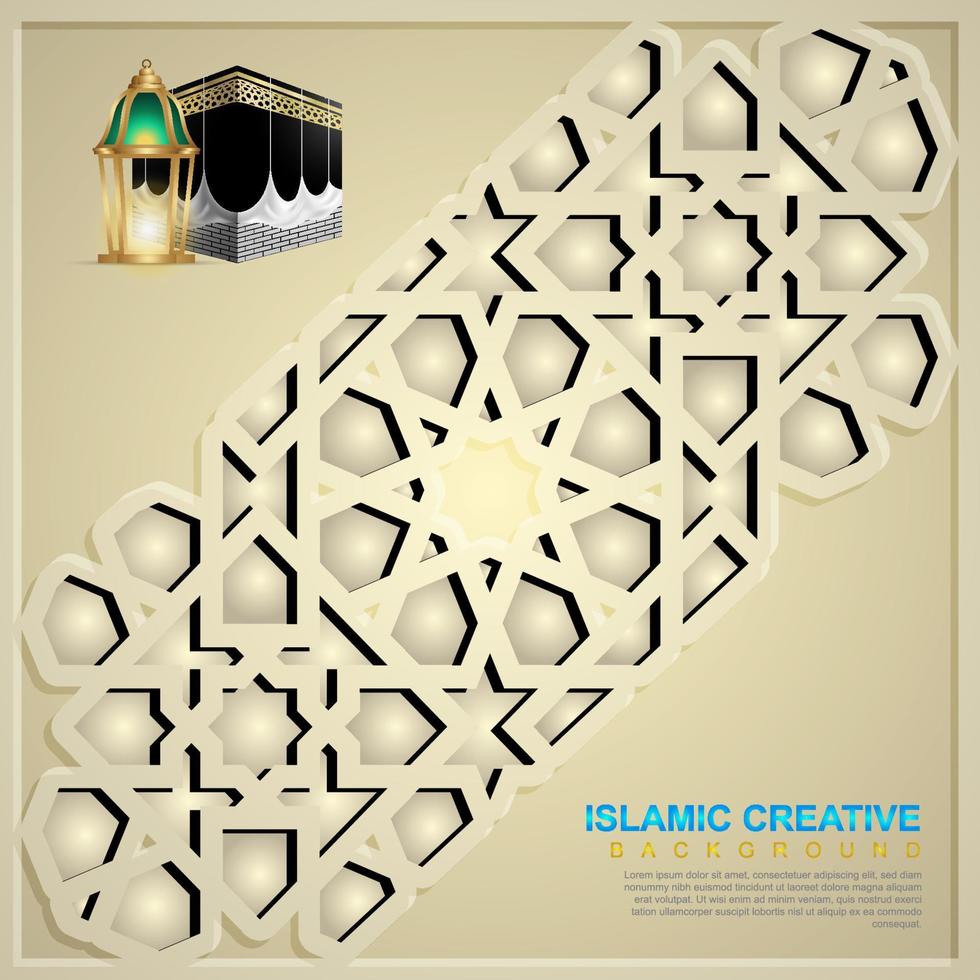 Islamic design greeting card background template with ornamental colorful of mosaic, kaaba and islamic lantern vector