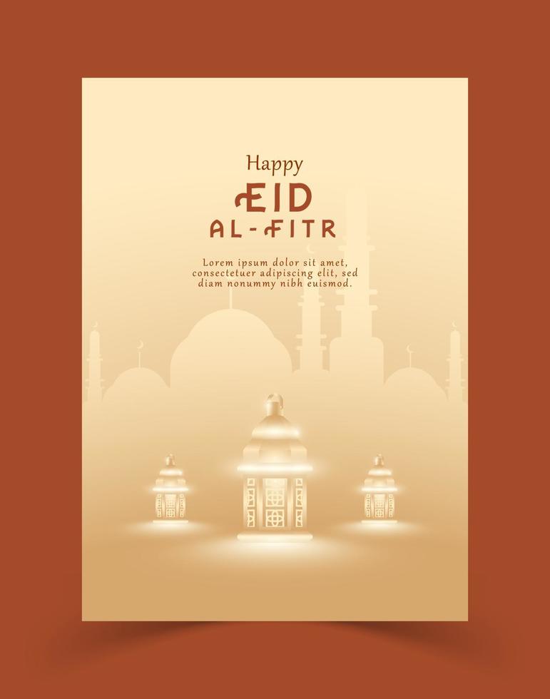 cartel feliz eid al fitr o plantilla de volante con linterna, color minimalista, mezquita de silueta, tipografía vector