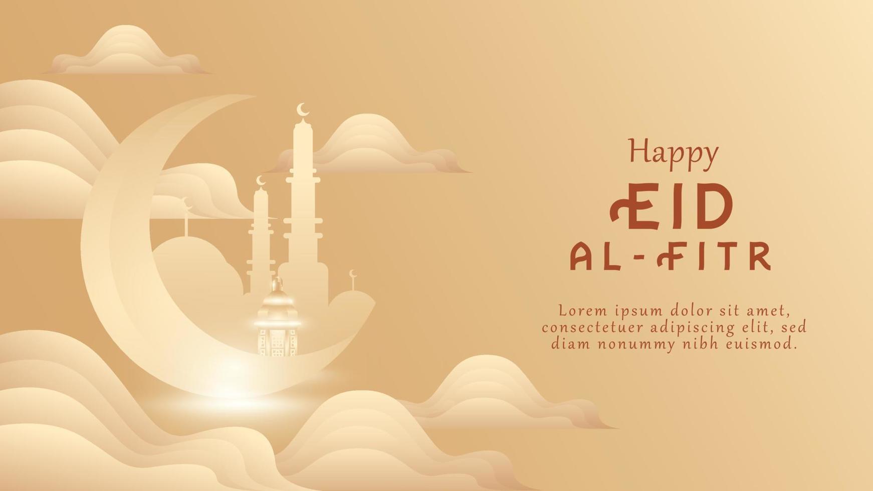 Background happy greeting eid al fitr with cloud shape, moon, lantern, gradient, minimalis color. vector