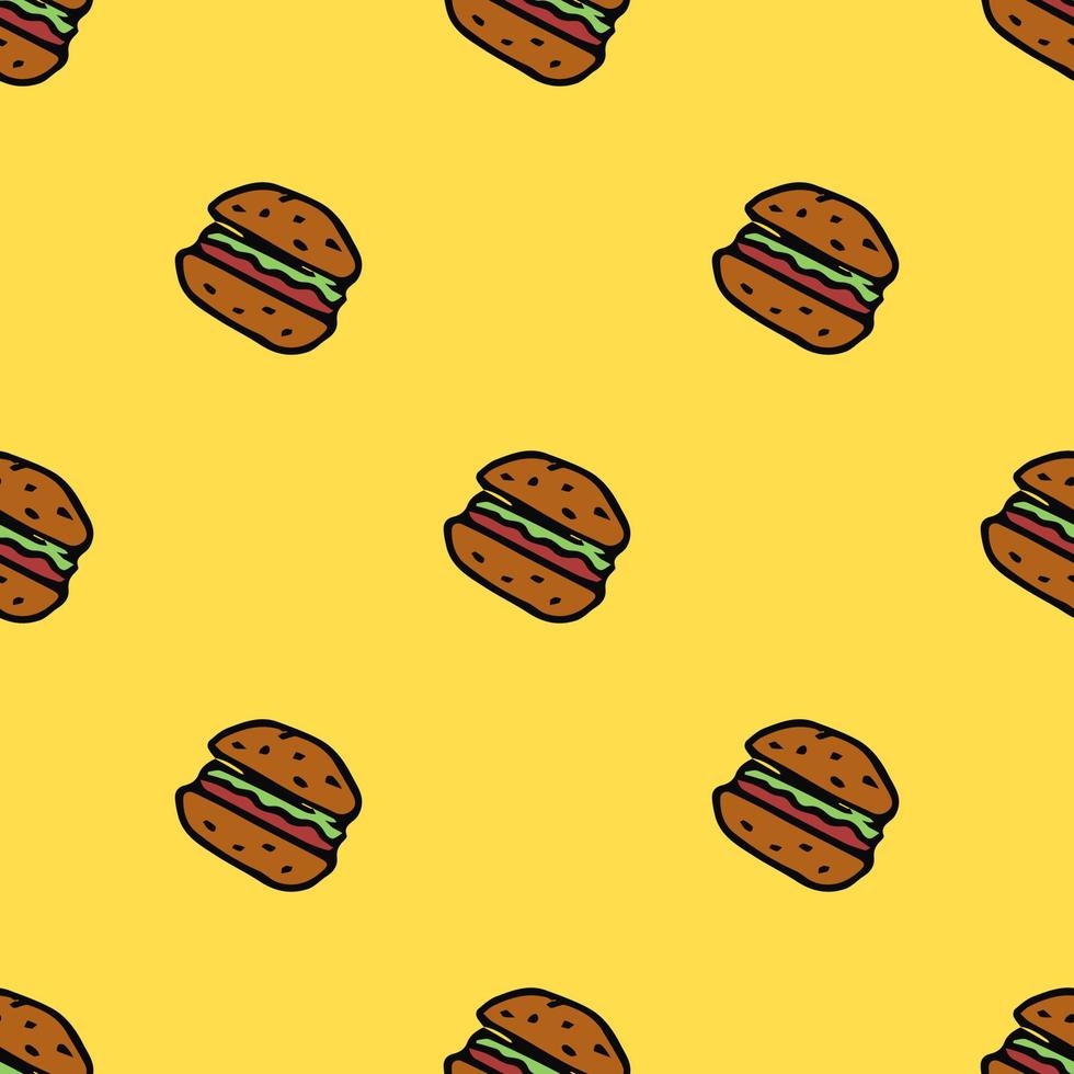 Seamless pattern with burger icons. Colored hamburger background. Doodle vector burger illustration