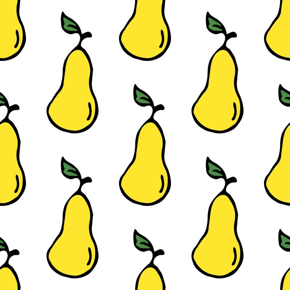 Seamless pattern with yellow pear icons. Colored pear background. Doodle vector illustration with fruits