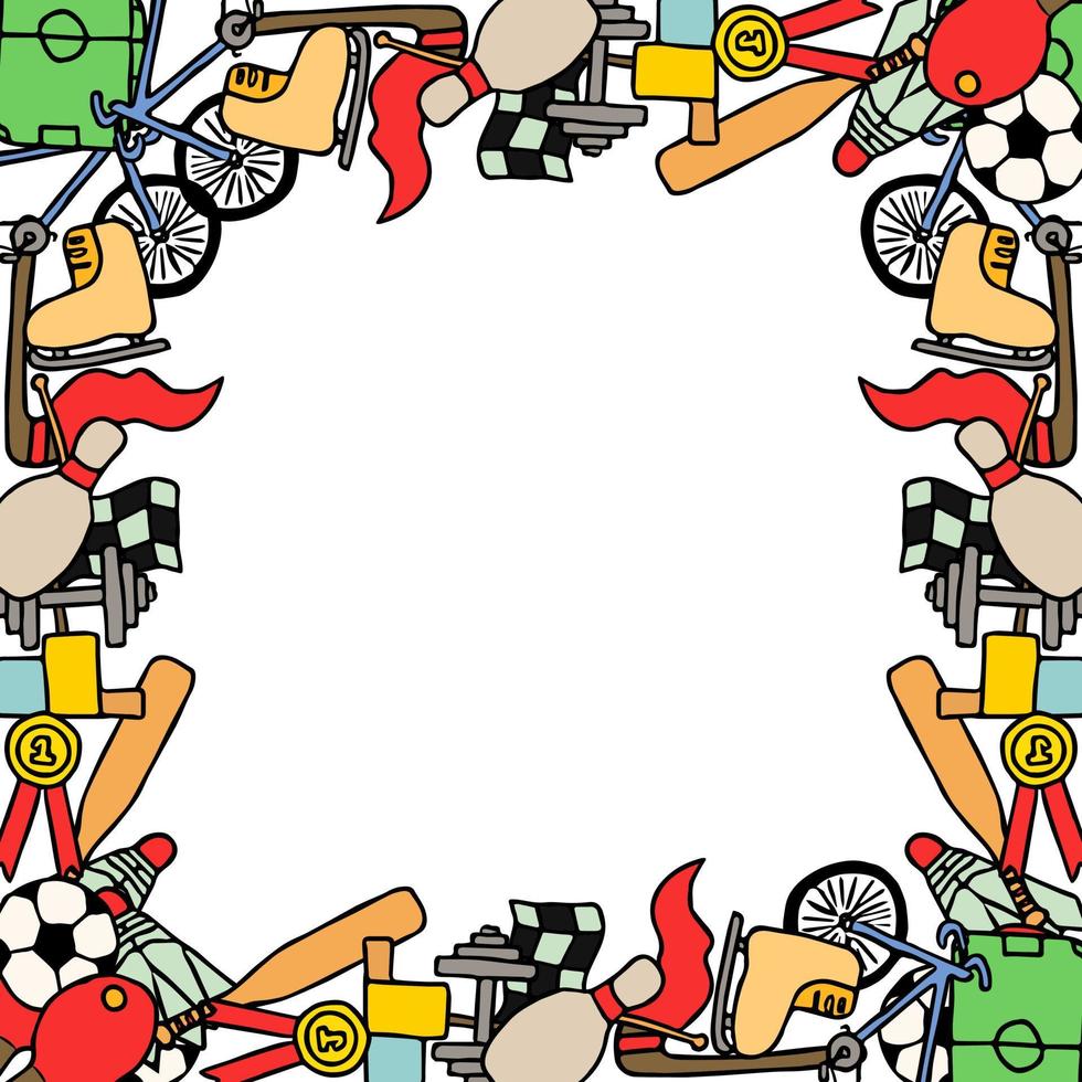 Colored vector sports icons with place for text. Doodle vector frame with sport icons