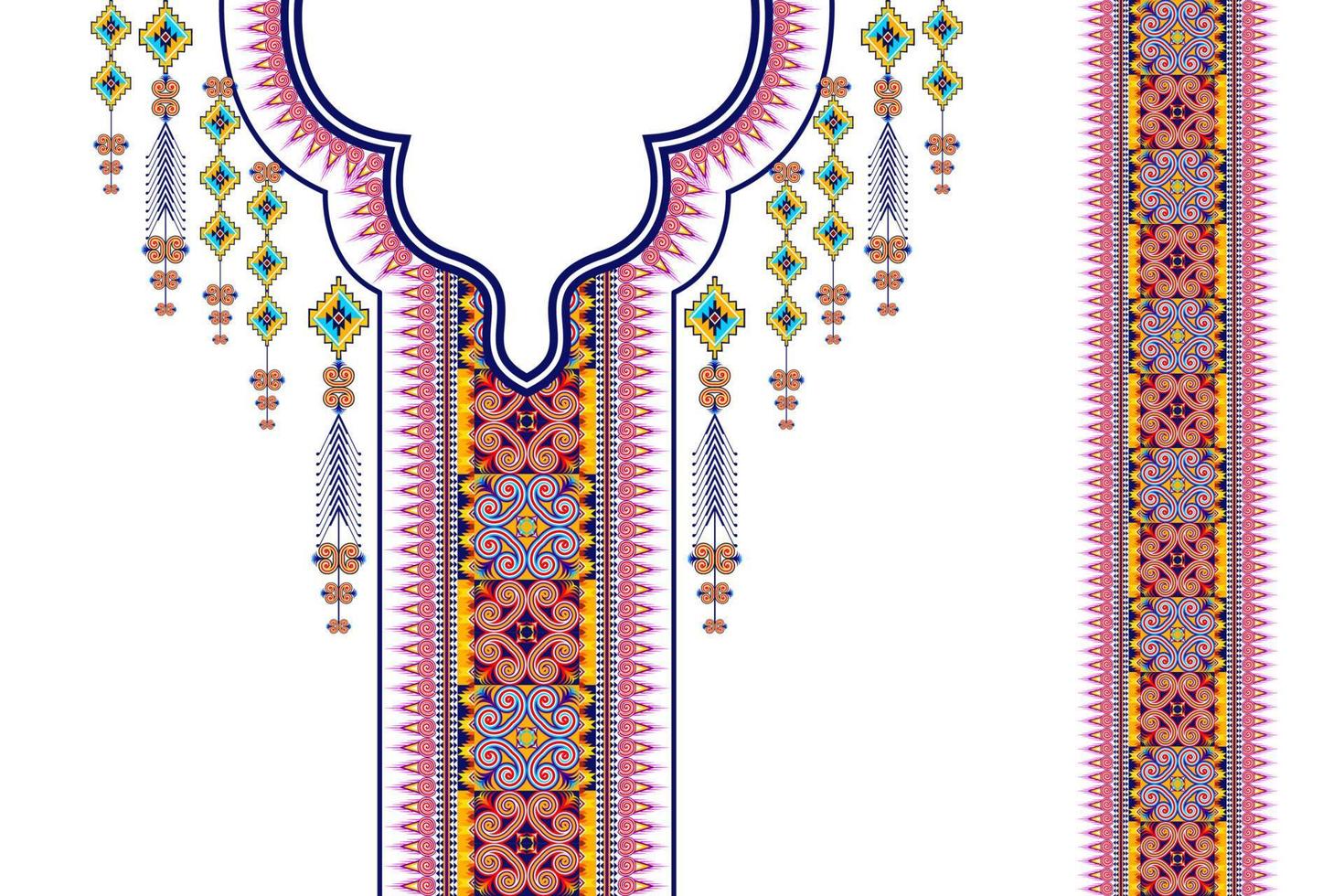 Geometric ethnic neckline embroidery pattern design. Aztec fabric carpet mandala ornament chevron necklace textile. Tribal boho native ethnic neck embroidery vector