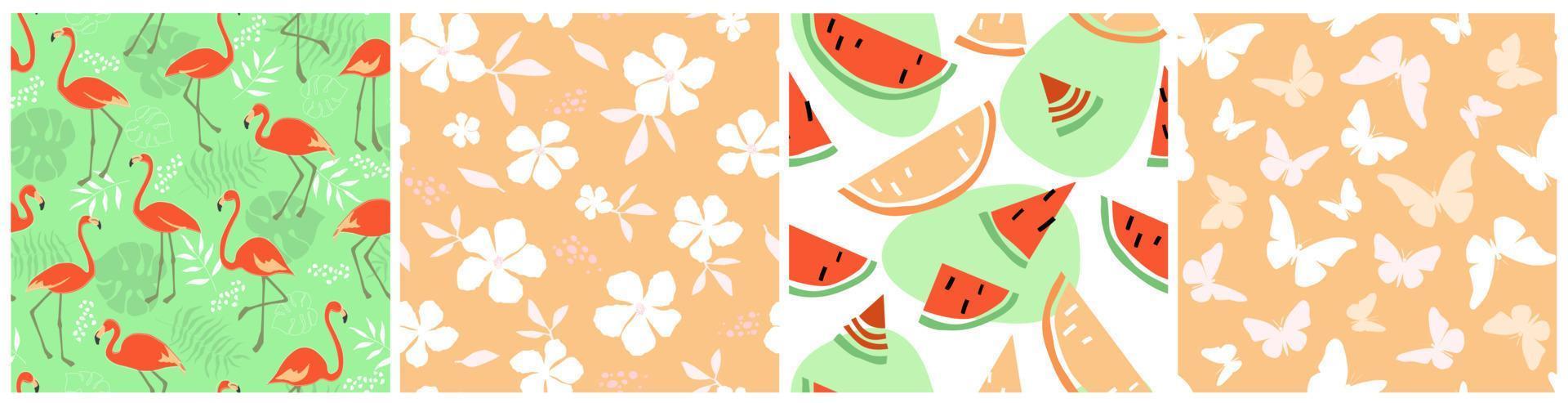 Set seamless pattern with pink flamingos, tropical palm leaves, monstera, watermelons, flowers, butterflies. Summer abstract ornament. Vector graphics.