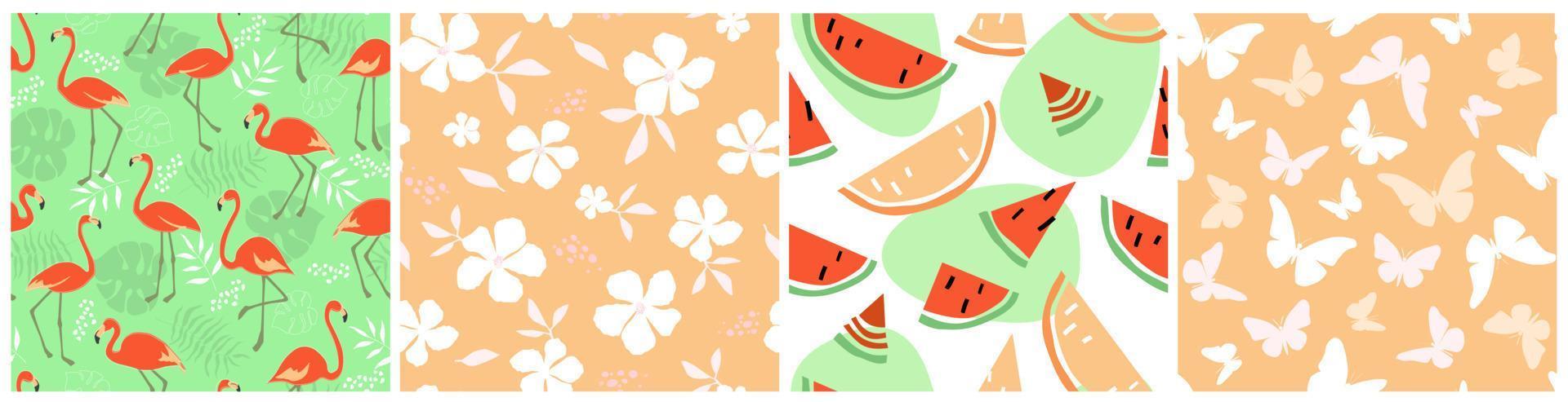 establece un patrón impecable con flamencos rosados, hojas de palmeras tropicales, monstera, sandías, flores, mariposas. adorno abstracto de verano. gráficos vectoriales vector