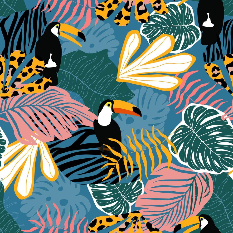 Seamless pattern with tropical exotic ornament with palm leaves and monstera, toucan birds. Summer abstract print. Vector graphics.