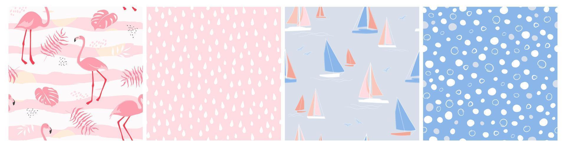A set of seamless patterns with flamingo birds, palm leaves, the sea and boats with sails. Simple abstract shapes of water droplets and bubbles. Vector graphics.