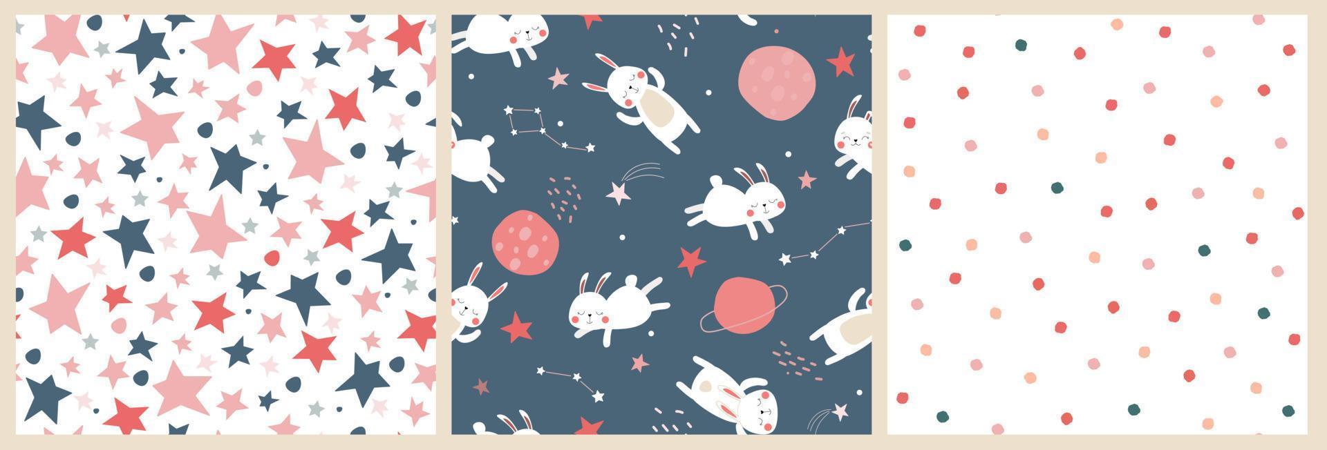 un conjunto de patrones sin fisuras con un lindo estampado de bebé con liebres en el espacio. los conejos dormidos vuelan en el cielo con estrellas y planetas. gráficos vectoriales vector