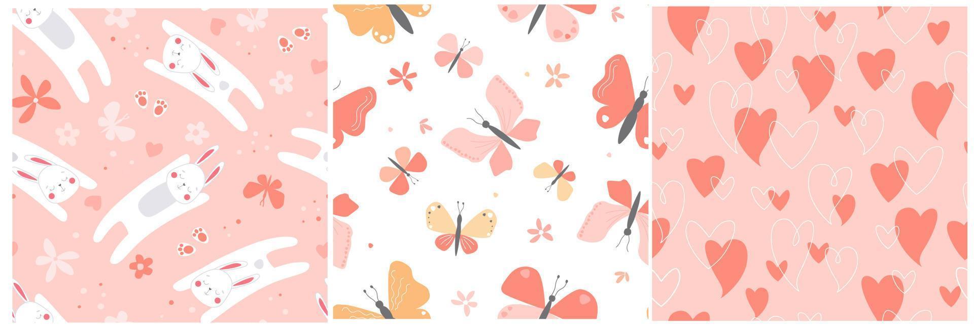 A set of seamless patterns with a romantic summer print. Hares jump, hearts, butterflies fly, flowers. An ornament for lovers on Valentine's Day. Vector graphics.