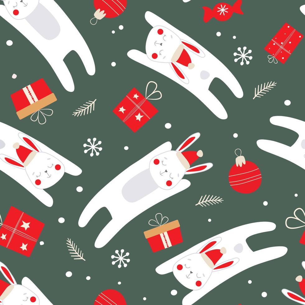 patrón impecable con un estampado de feliz año nuevo. conejito de navidad con sombrero de santa y regalos, juguetes de navidad, copos de nieve, dulces. gráficos vectoriales vector