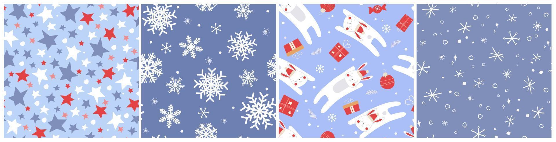 A set of New Year's seamless patterns with hares, rabbits in Santa hats. Snowflakes, stars, winter print for the new year. Vector graphics.