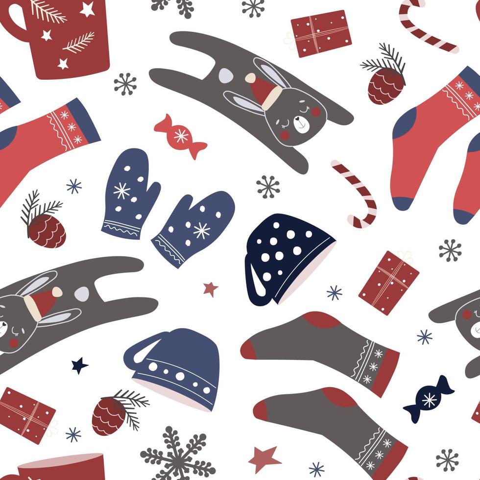 Christmas seamless patterns with hares, rabbits in Santa hats. Snowflakes, stars, winter print for the new year, socks, mittens, cups with a warm drink. Vector graphics.