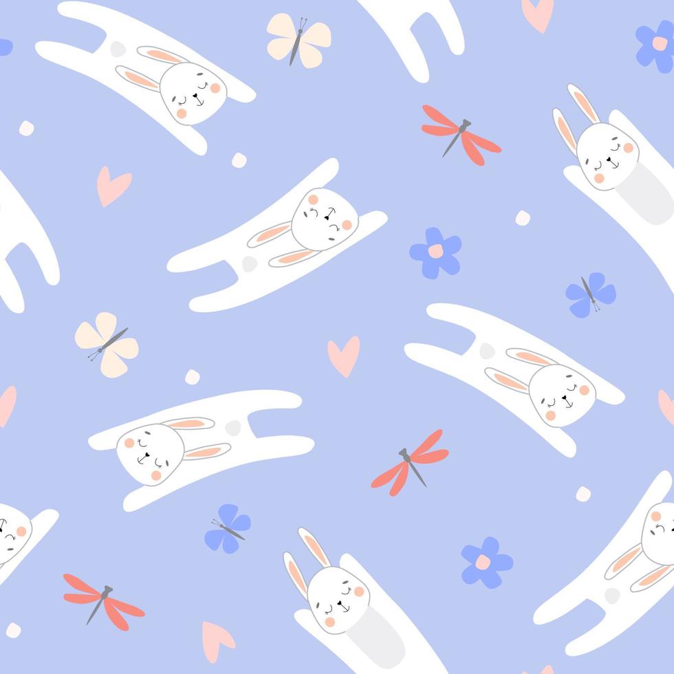 Baby summer seamless pattern with bunnies. Rabbits jump among flowers, dragonflies, flowers. Vector graphics.