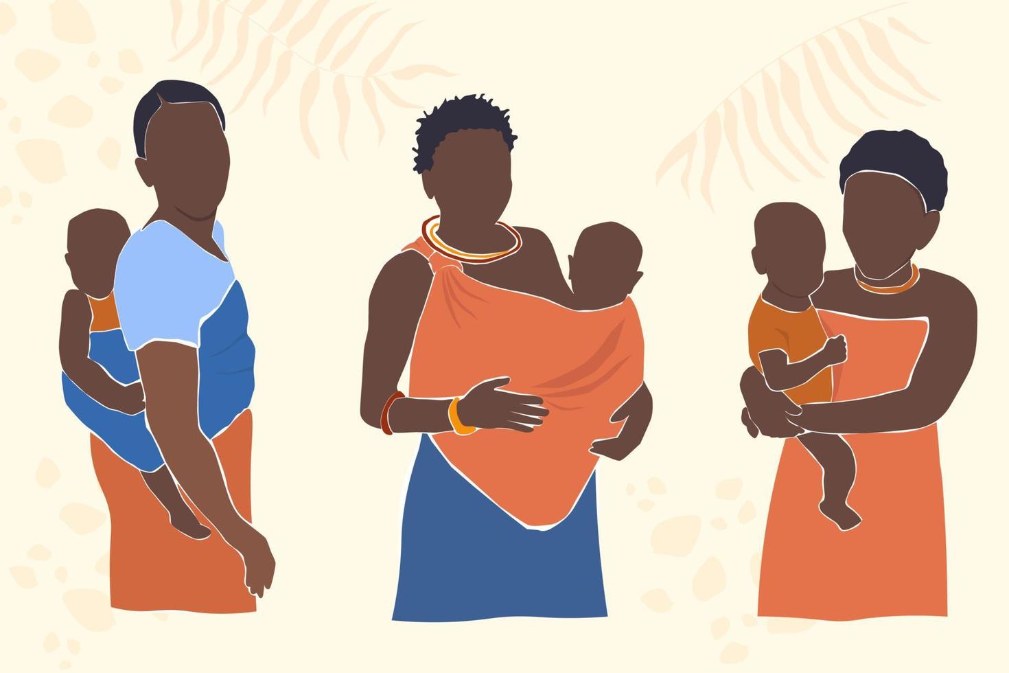 The set is a portrait of a young African woman with a child behind her back, in her arms in national clothes. Mother and baby. Vector graphics.