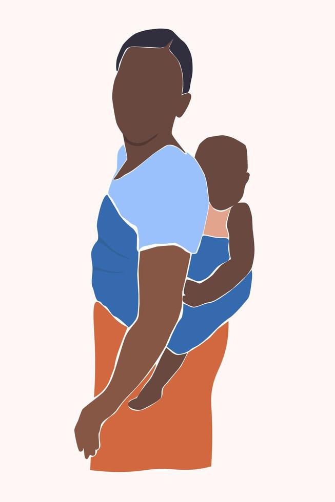 Portrait of a young African woman with a child behind her back in national clothes. Mom and baby. Vector graphics.