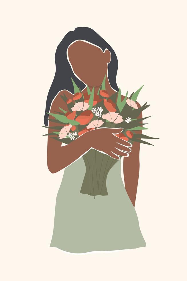 Abstract portrait of a young girl with a bouquet of flowers in her hands. Poster of a beautiful woman with long hair in a summer dress. Vector graphics.