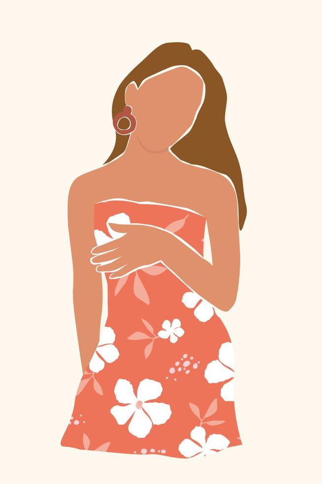 Abstract portrait of a young girl. Poster of a beautiful woman with long hair in a summer dress with flowers. Vector graphics.