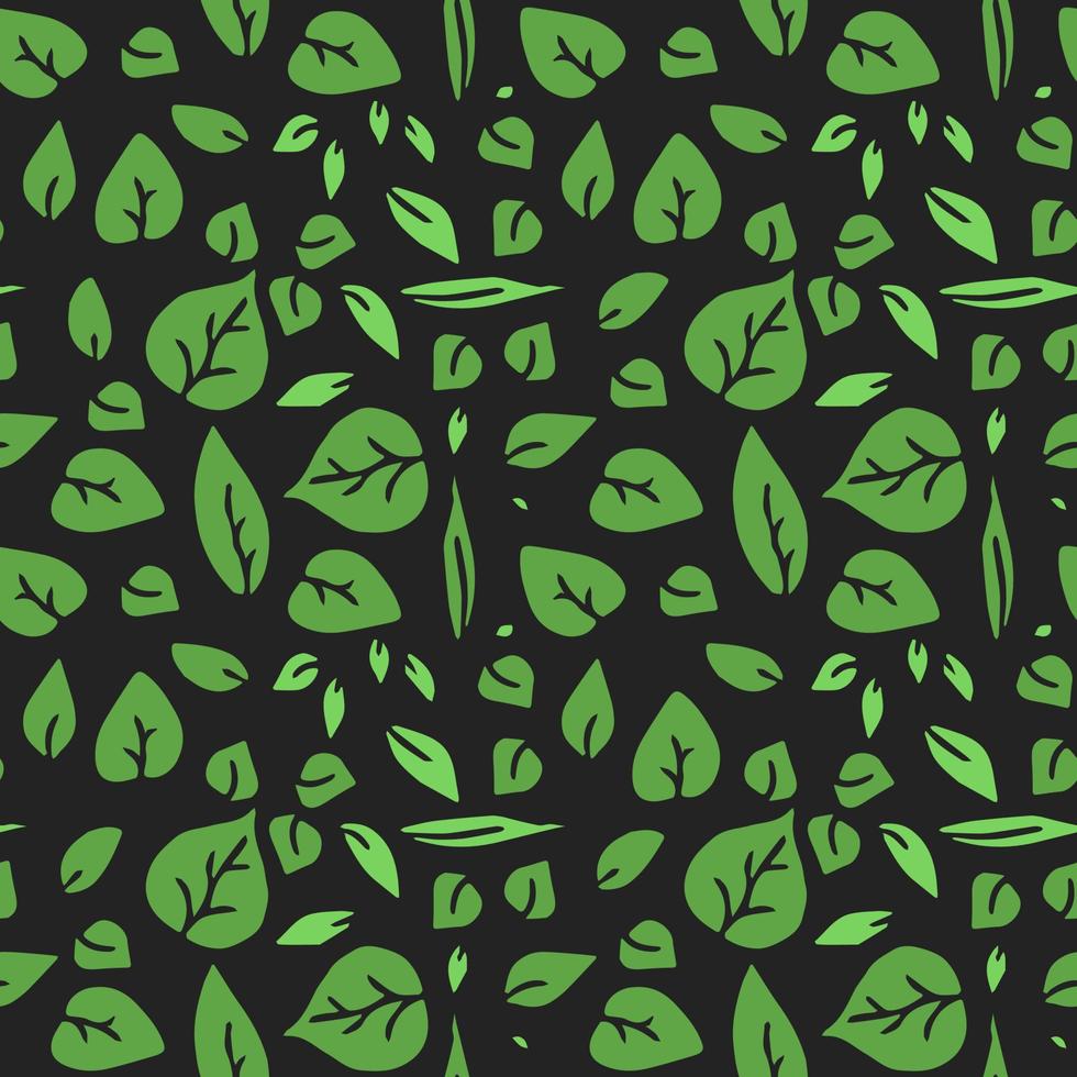 seamless pattern with green leaves. green leaves on the black background. vector