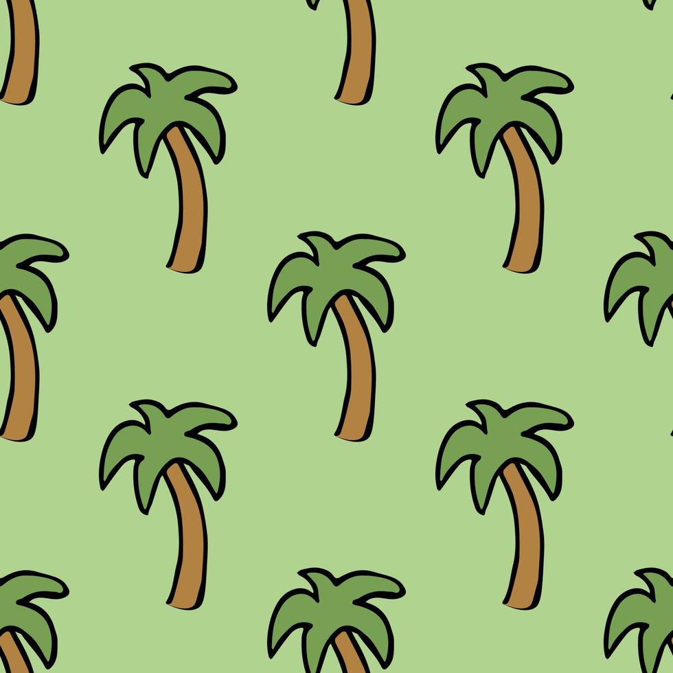 Seamless palm pattern. Colored palm background. Doodle tropic pattern with green palms. Vintage palms pattern vector
