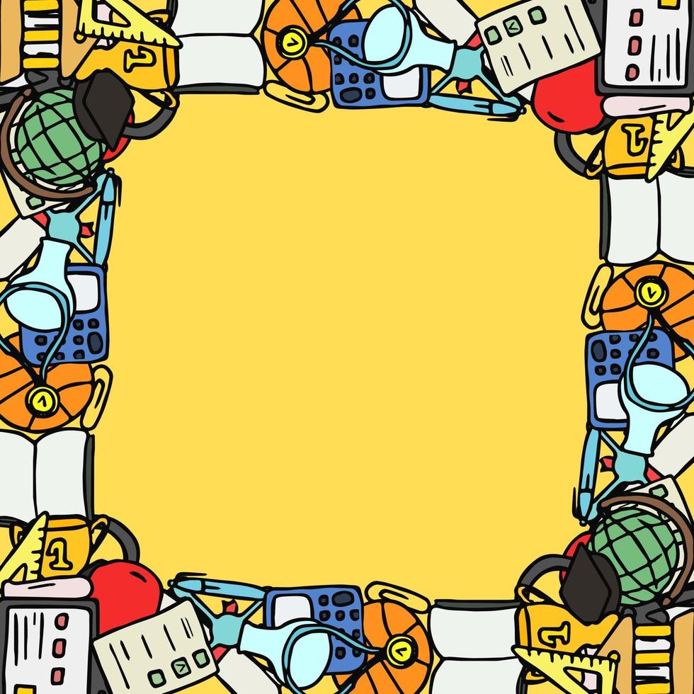 Colored vector education icons with place for text. Doodle vector frame with education icons