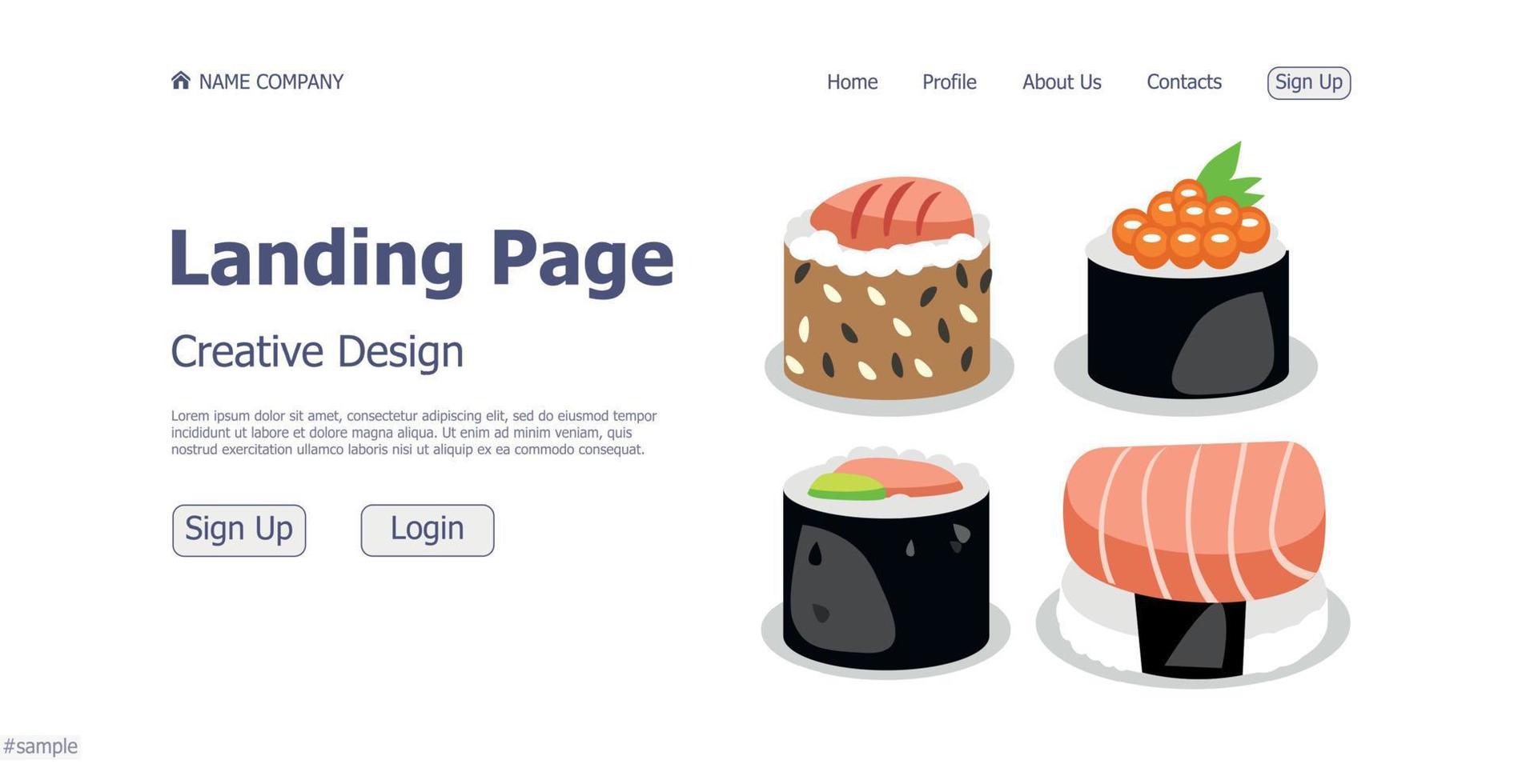 concepto de diseño de la página de inicio del sitio web del restaurante de la tienda de sushi y rollos - vector