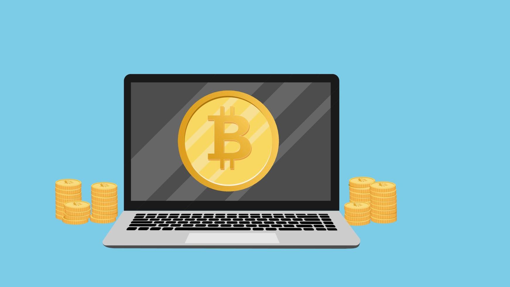 Bitcoin mining concept vector illustration. Cartoon style of computer laptop with cryptocurrency coins on screen.