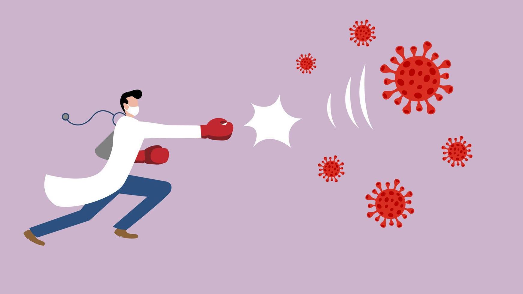 Male doctor wearing medical mask punching virus particles with boxing gloves vector cartoon illustration