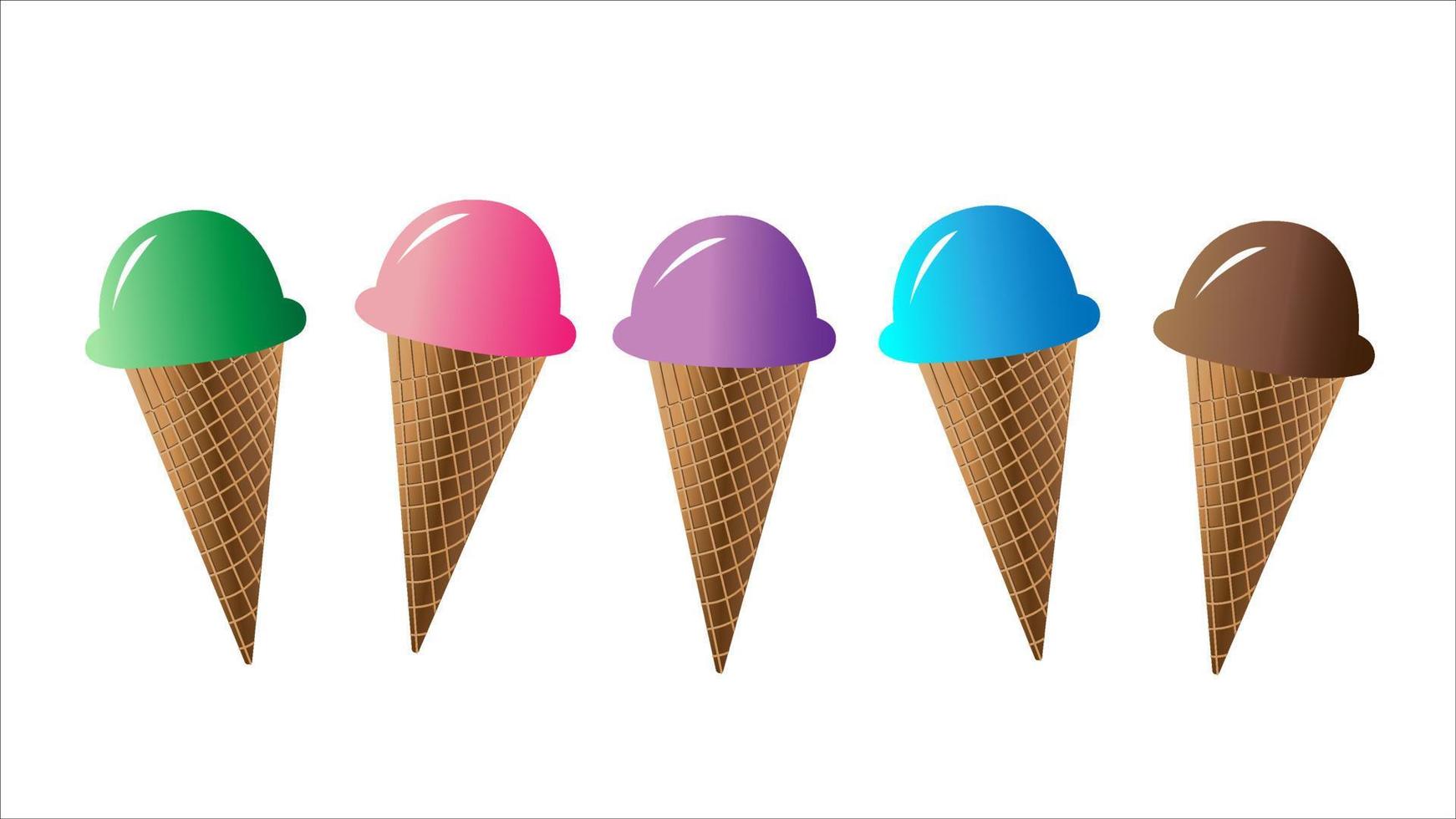 Colorful ice cream scoops in cones vector isolated on white background