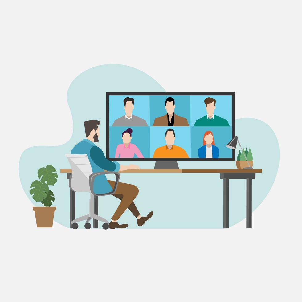 Man having video call with colleagues using the computer. Work from home concept.  Flat vector illustration