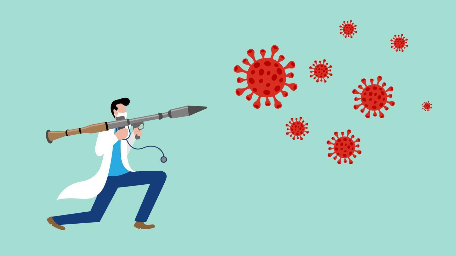 Male doctor wearing medical mask attack virus particles with bazooka vector cartoon illustration