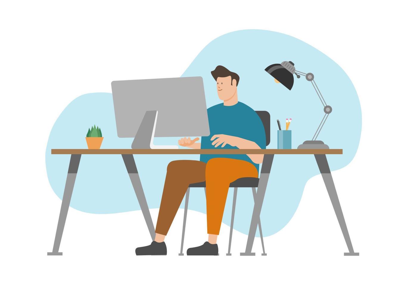 Man in front of computer monitor flat vector illustraiton. Work from home concept.