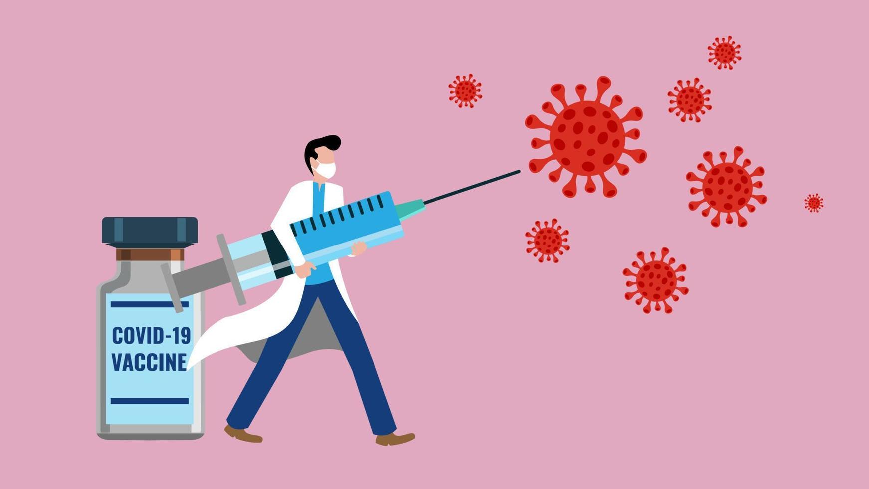 Male doctor wearing medical mask with syringe and vaccine fighting virus particles vector illustration