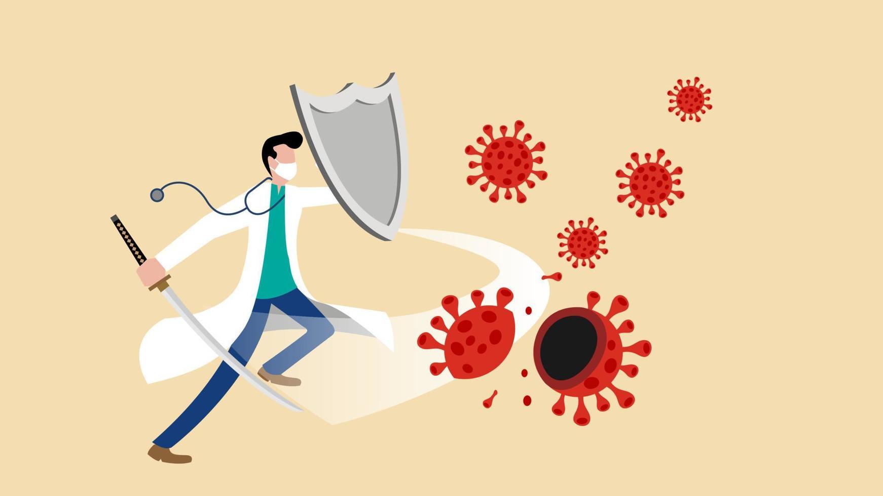 médico masculino con máscara médica corta partículas de virus con espada katana y ilustración de dibujos animados de vector de escudo