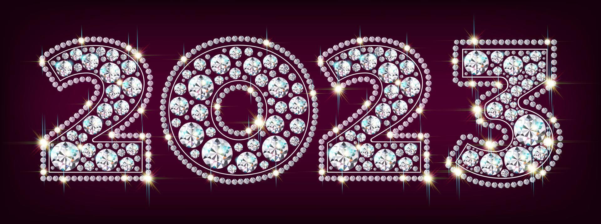 año nuevo 2023 lujosos números de piedras preciosas de diamantes que brillan sobre un fondo de confeti plateado que cae. fondo rojo, ilustración vectorial. vector