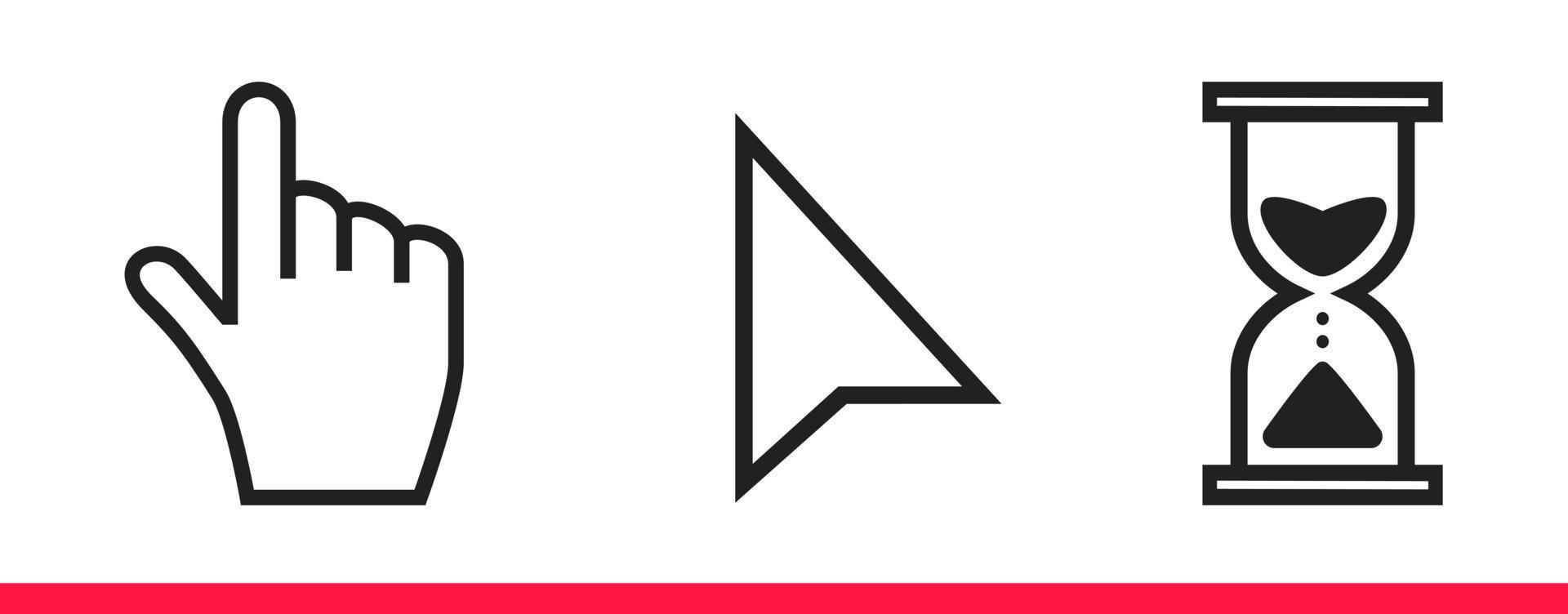 Black hourglass loading clock, pointer hand and arrow mouse cursors. vector