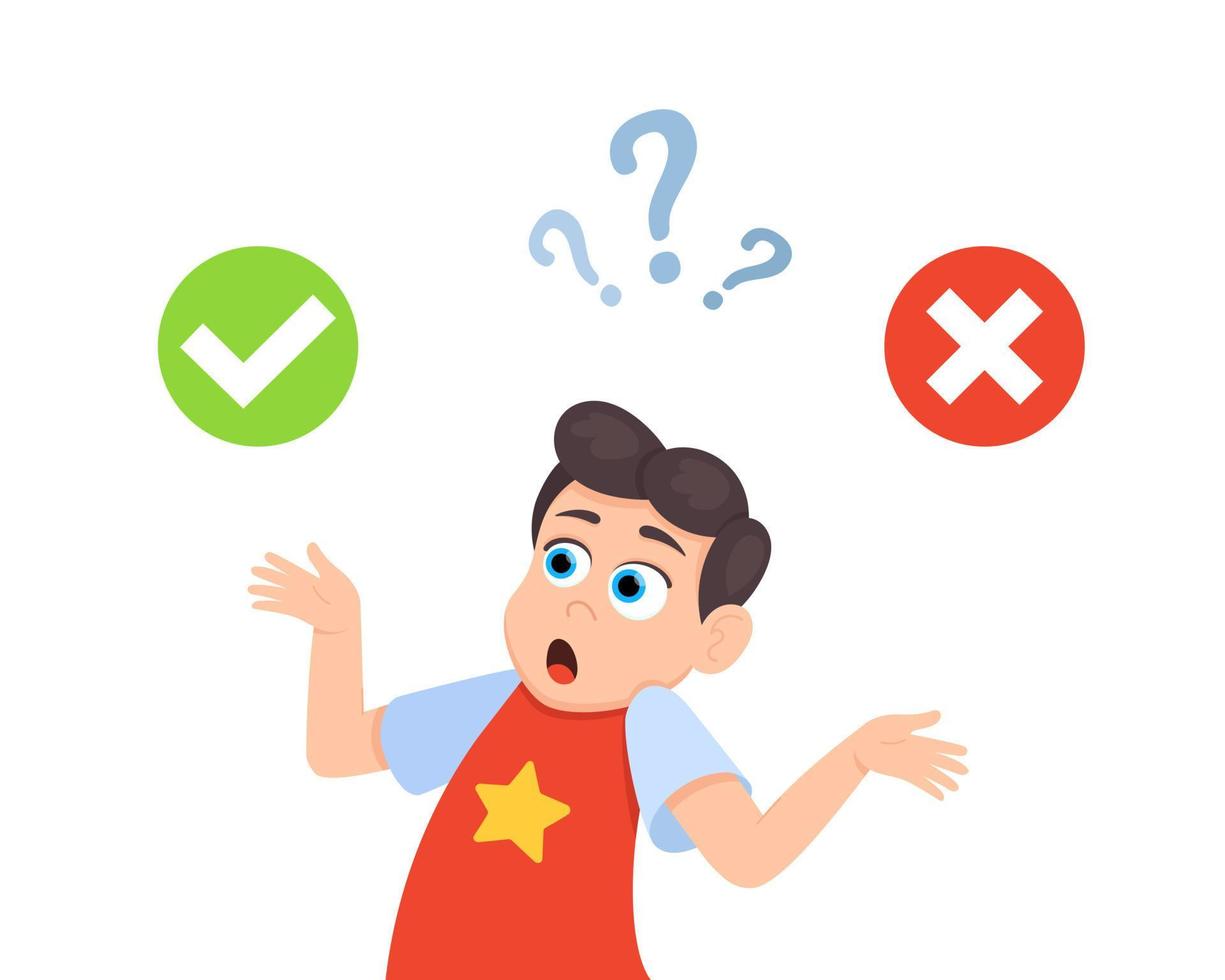 Little doubt boy kid between right and wrong check marks flat style design vector illustration