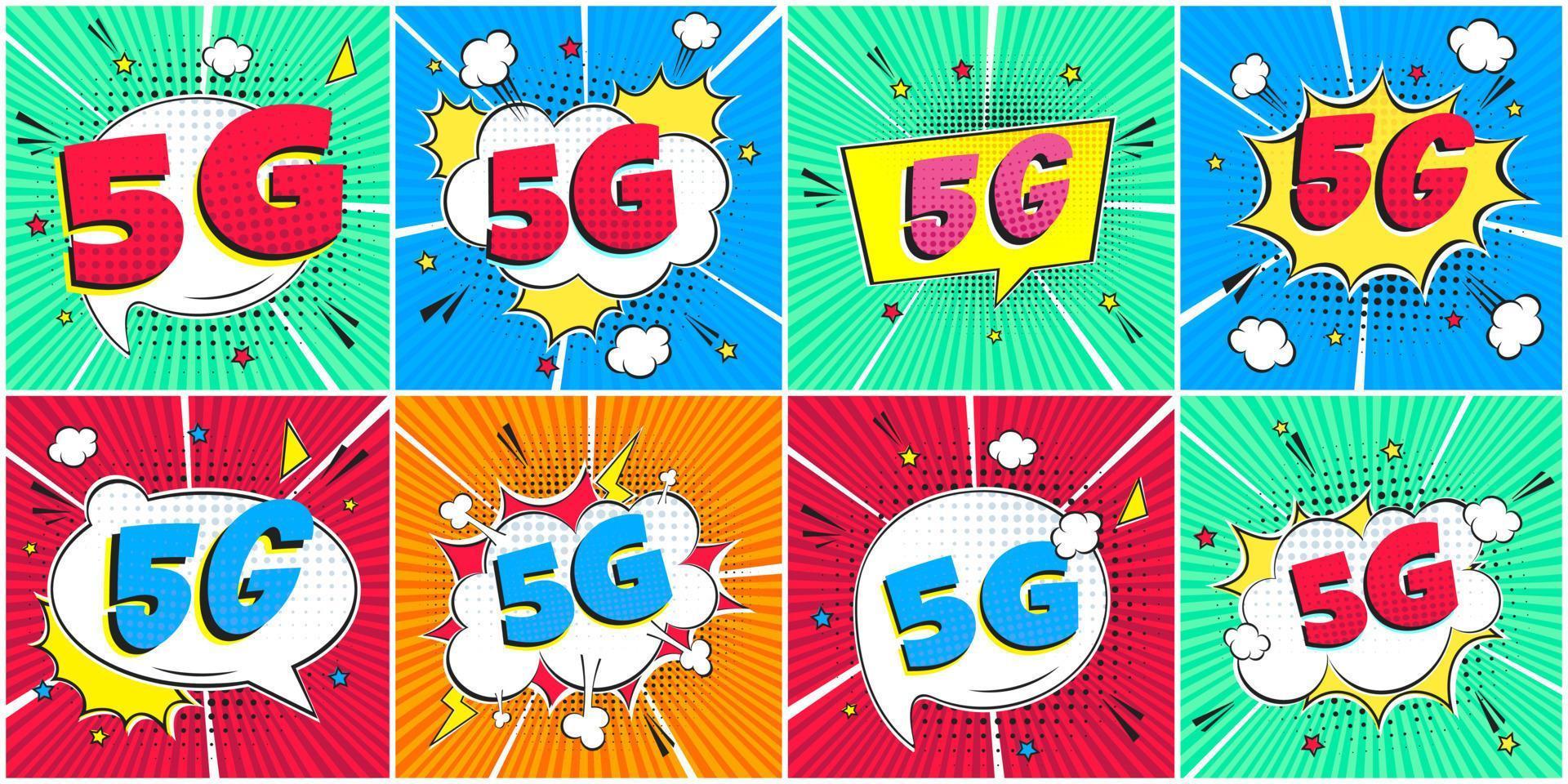 5G new wireless internet wifi connection comic style speech bubble exclamation text 5g flat style design vector illustration isolated on rays background set. New mobile internet sign icon.