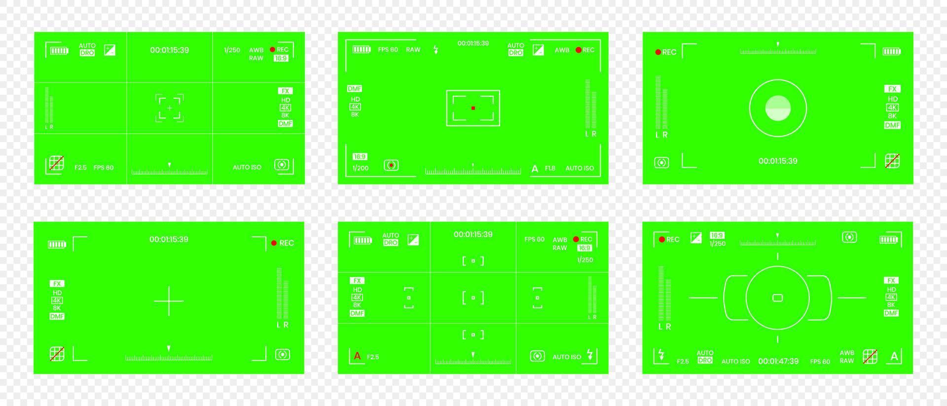 Green colored chroma key camera rec frame viewfinder overlay background screen flat style design vector illustration.
