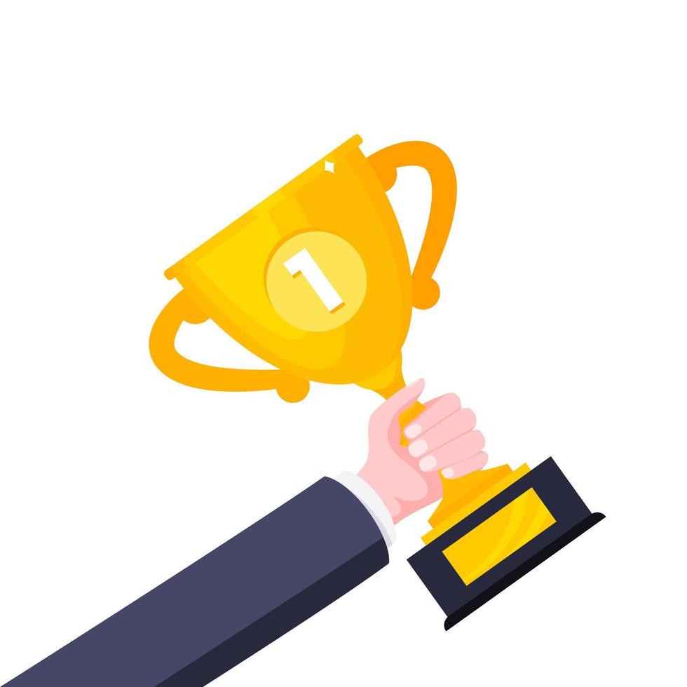 Hand holds winner golden award trophy goblet cup icon sign flat style design vector illustration