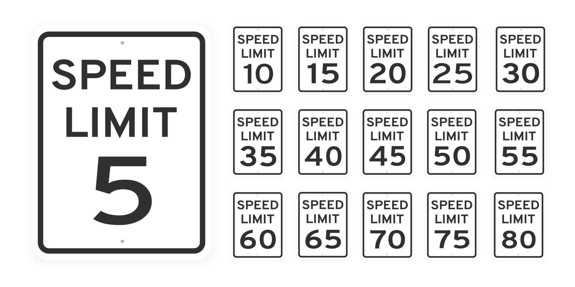 Speed limit road traffic icon signs set flat style design vector illustration isolated on white background.