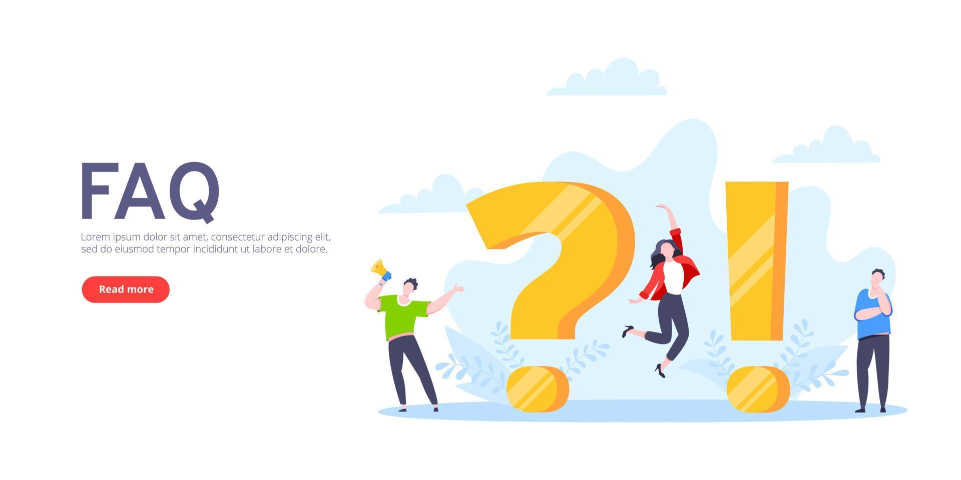 Q and A or FAQ concept with tiny people characters, big question and exclamation mark, frequently asked questions template. vector