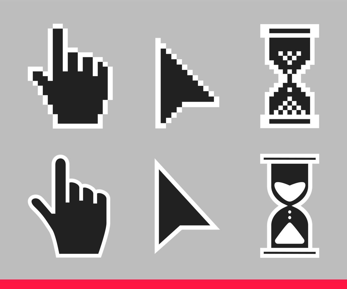 Pointer hand, arrow and hourglass loading clock mouse cursors vector
