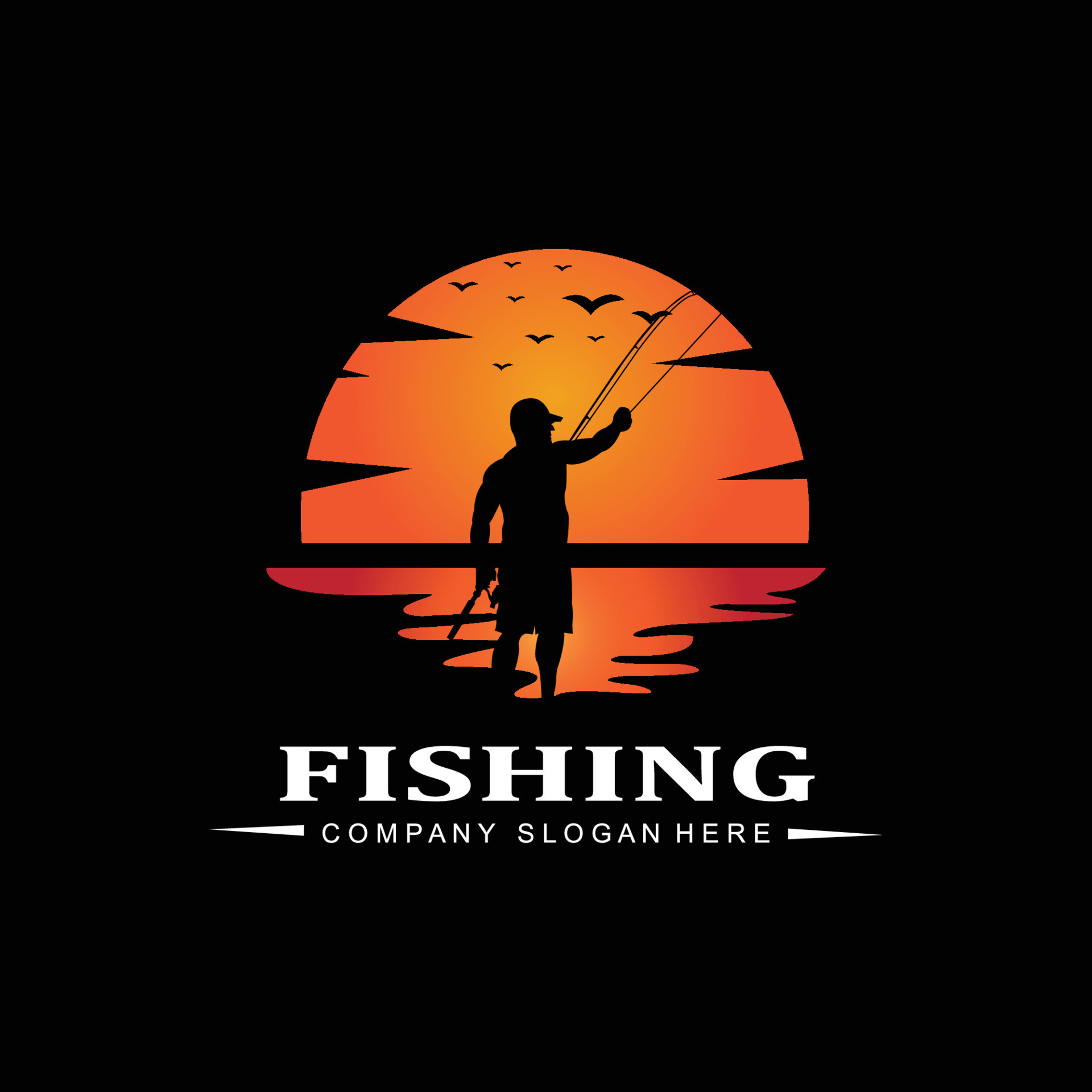 fishing logo icon vector, catch fish on the boat, outdoor sunset