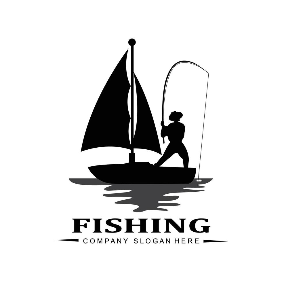 fishing logo icon vector, catch fish on the boat, outdoor sunset silhouette design vector