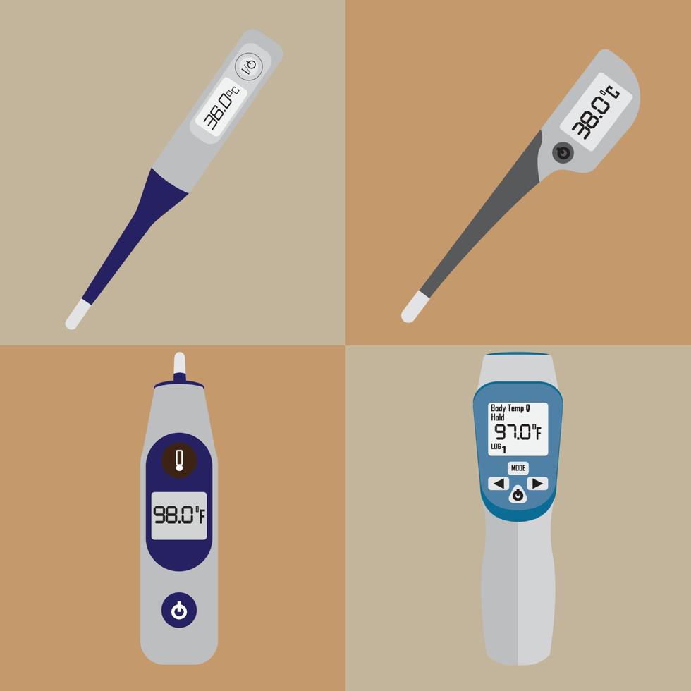 Set of digital thermometer for babies, childrens, and adults. Fever thermometer vector illustration.