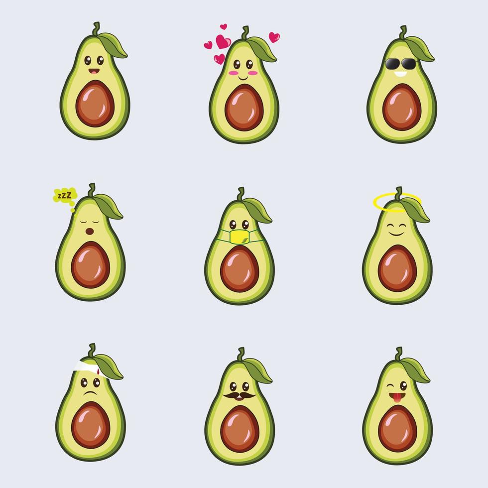 Cute avocado emoticons vector illustration. Avocado cartoon. Avocado emotional expression.