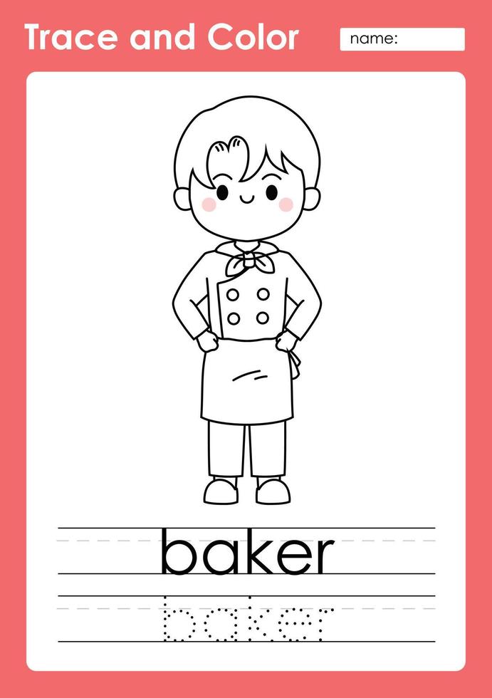 Trace and Color worksheets with occupation words vector