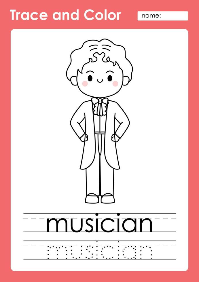 Trace and Color worksheets with occupation words vector