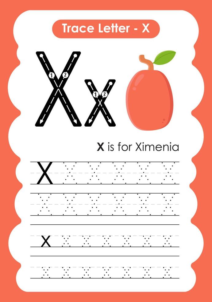 Alphabet Trace Letter A to Z preschool worksheet with Fruit Name vector